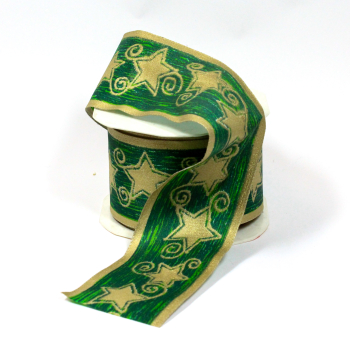 Deko-Band-zarte-Goldsterne--gruen-60mm-drahtkanten-rolle-mit-20m