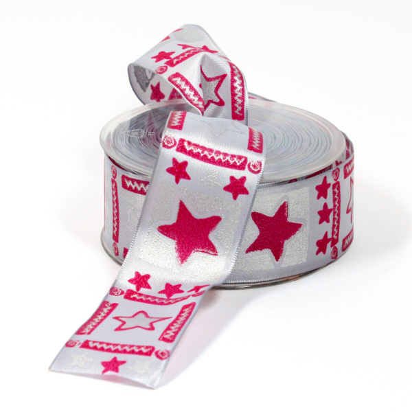Deko-Band-Sterne-silbergrau-pink-40mm-drahtkanten-rolle-mit-20m