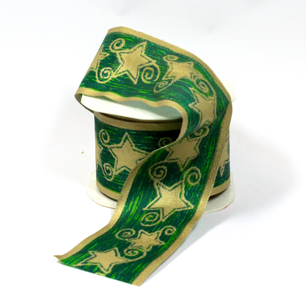 Deko-Band-zarte-Goldsterne--gruen-60mm-drahtkanten-rolle-mit-20m