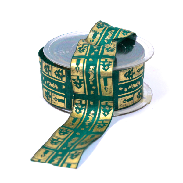 Deko-Band-Baum-Stern-Kerze-gruen-gold-40mm-drahtkanten-rolle-mit-20m